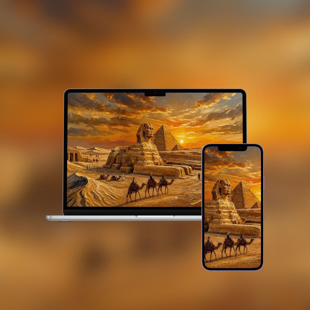 Statue of Liberty and New York skyline impasto oil painting wallpaper shown on laptop and iPhone