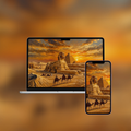 Statue of Liberty and New York skyline impasto oil painting wallpaper shown on laptop and iPhone