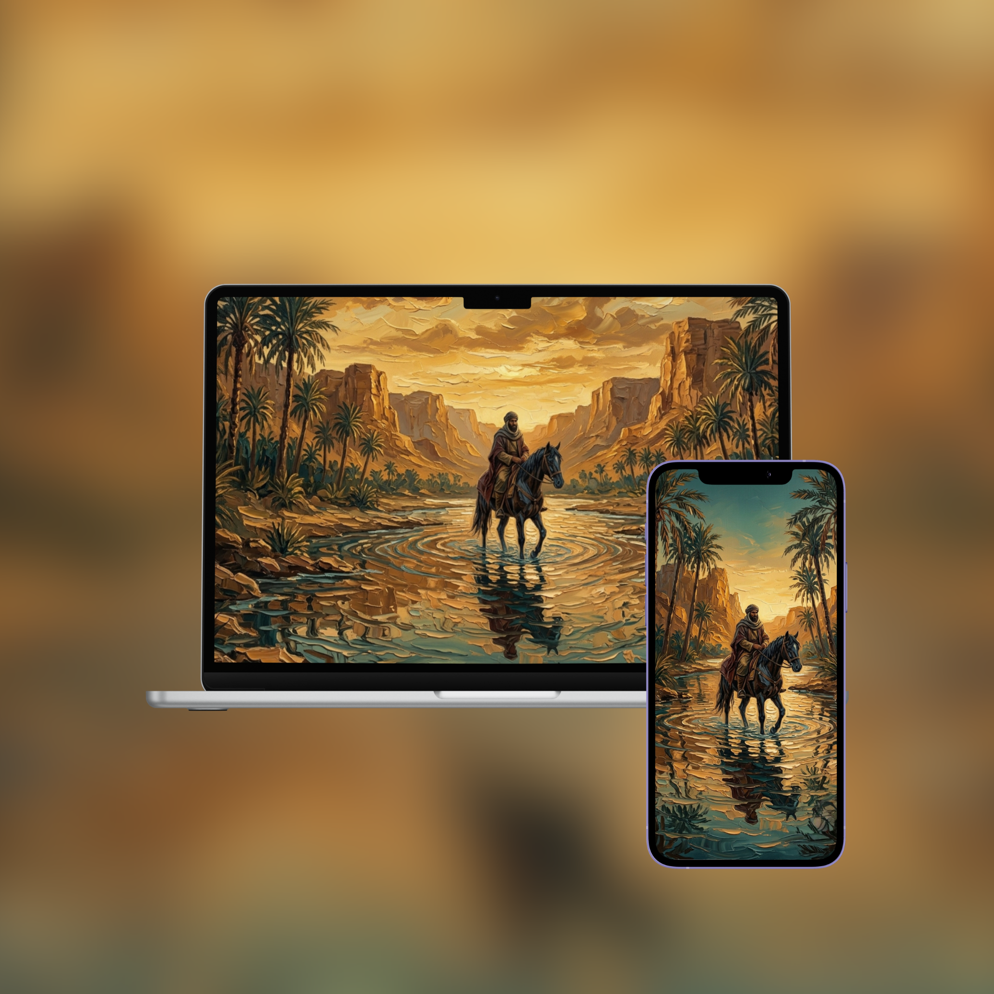 Rider in the Oasis Water — Impasto Wallpaper (iPhone + Desktop)