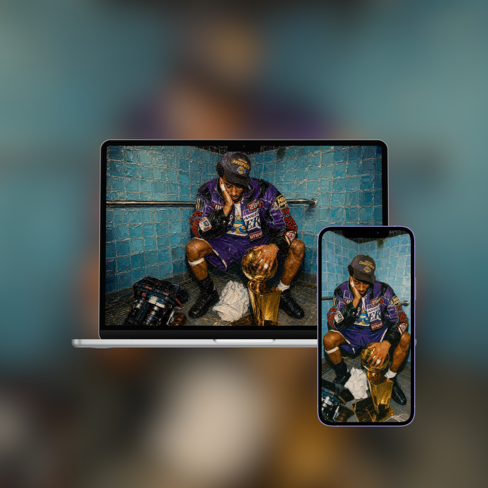 Trophy in the Tunnel impasto oil painting wallpaper shown on iPhone and desktop