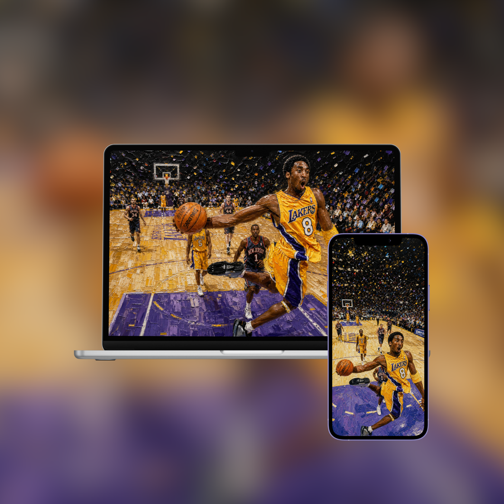 Kobe at the Baseline impasto oil painting wallpaper shown on iPhone and desktop