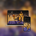 Kobe at the Baseline impasto oil painting wallpaper shown on iPhone and desktop