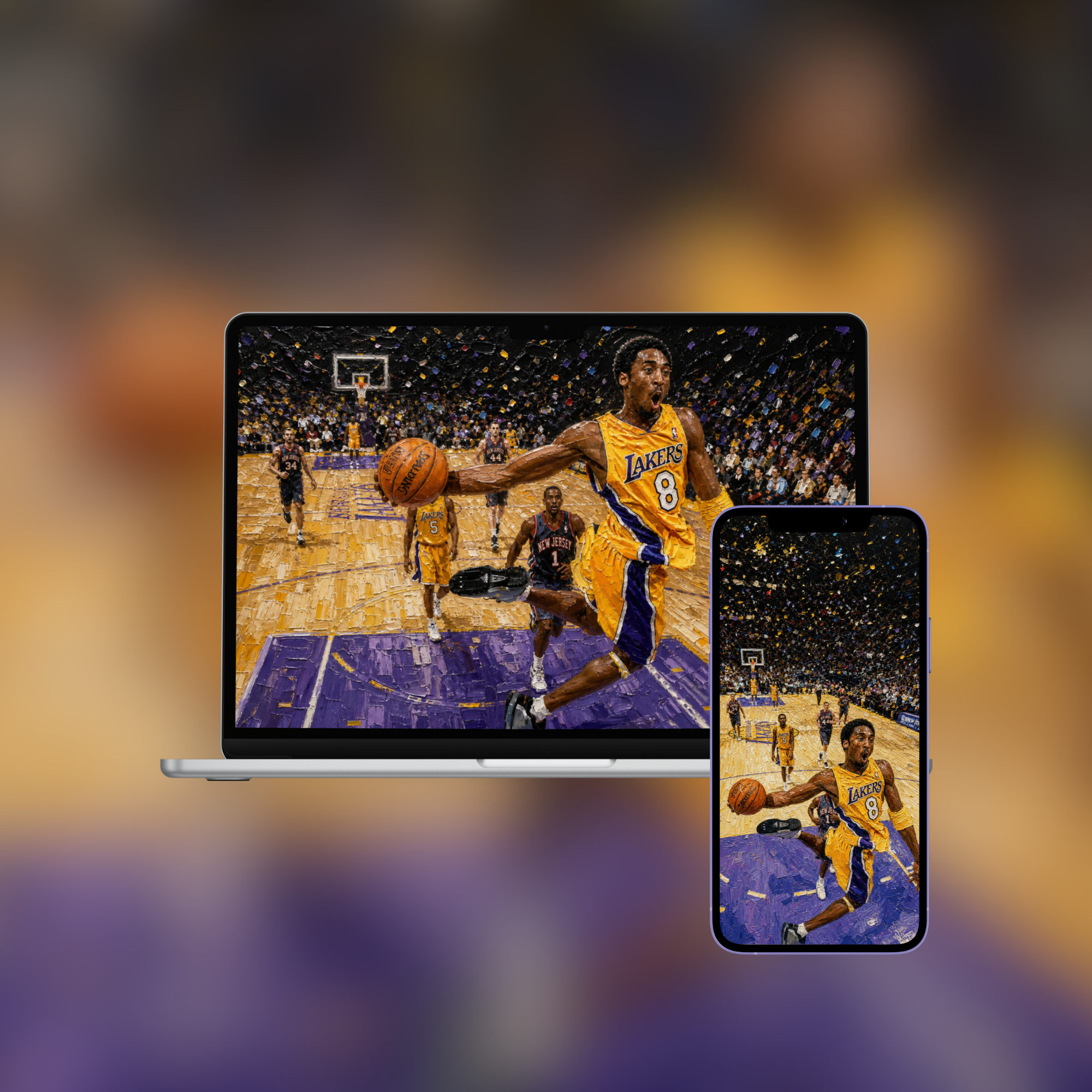 Kobe at the Baseline impasto oil painting wallpaper shown on iPhone and desktop