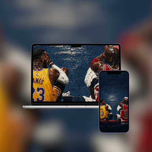 LeBron vs Jordan impasto oil painting wallpaper shown on iPhone and desktop