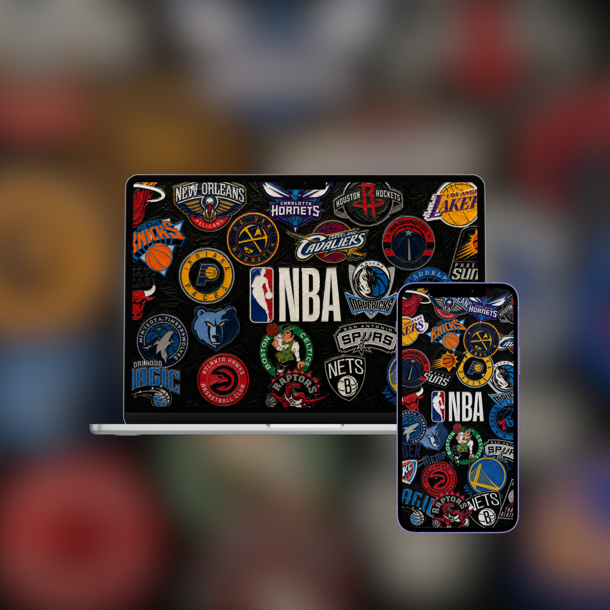 NBA Logo Wall impasto oil painting wallpaper shown on iPhone and desktop