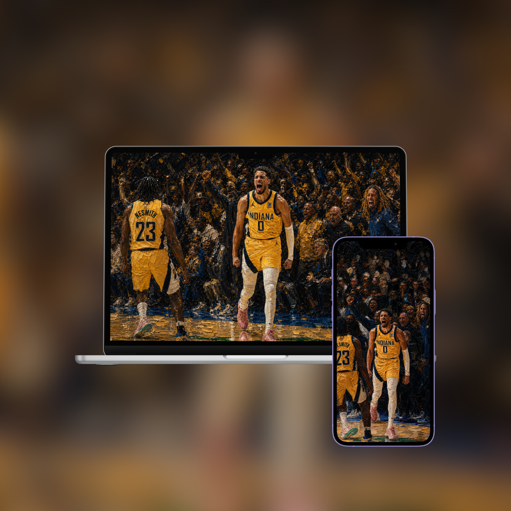Pacers Crowd Roar impasto oil painting wallpaper shown on iPhone and desktop
