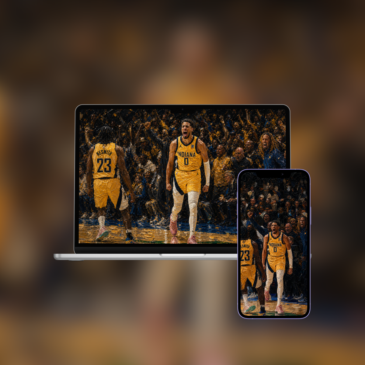Pacers Crowd Roar impasto oil painting wallpaper shown on iPhone and desktop
