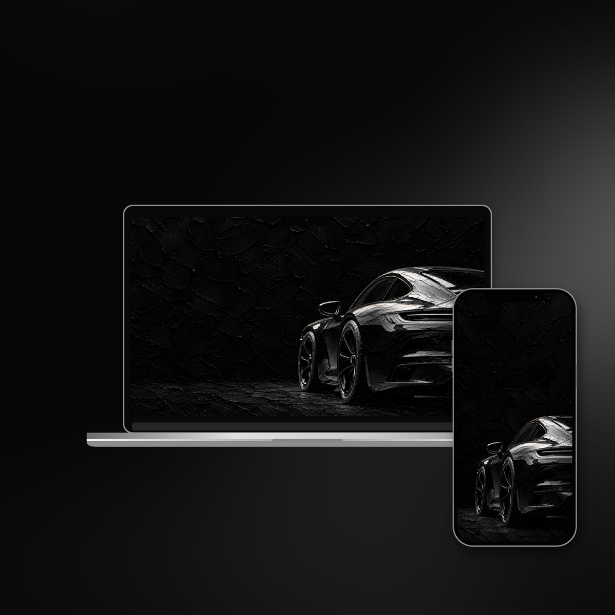 Midnight Arrival impasto wallpaper shown on an iPhone and laptop