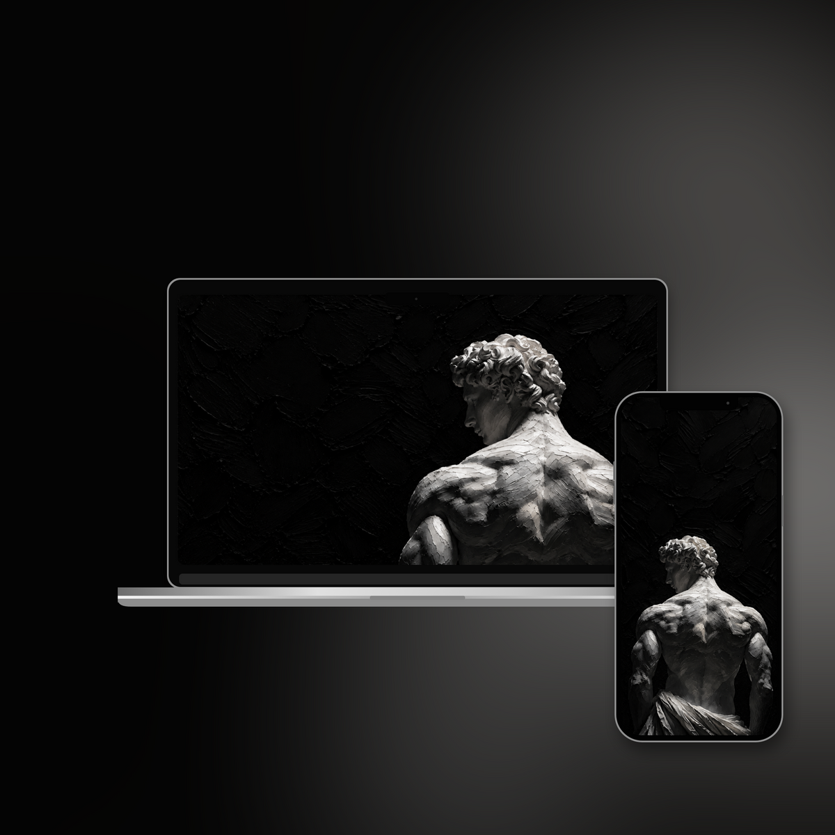 Pride Noir impasto wallpaper shown on an iPhone and laptop