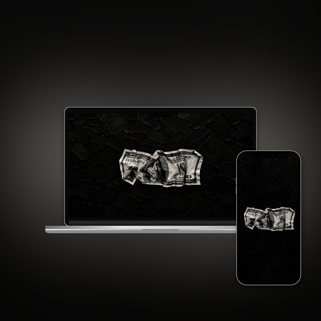 Quiet Wealth impasto wallpaper shown on an iPhone and laptop