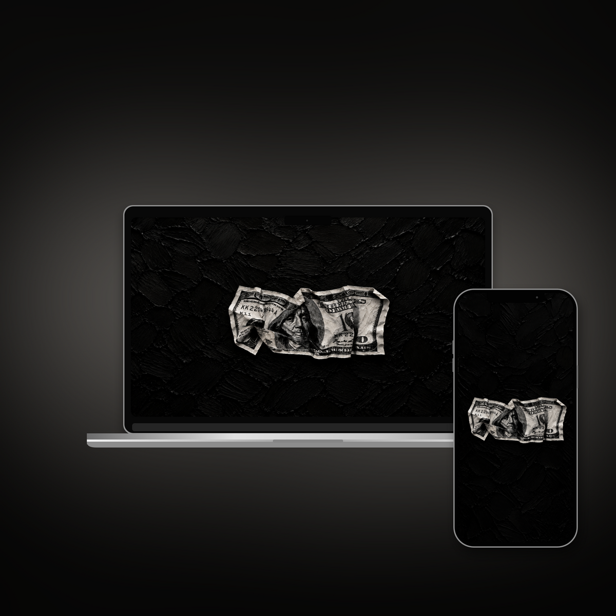 Quiet Wealth impasto wallpaper shown on an iPhone and laptop