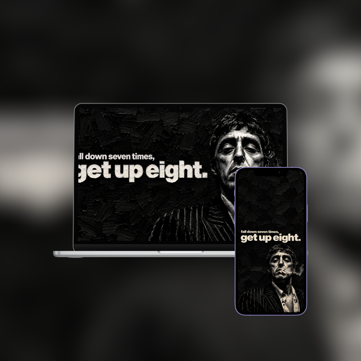 Get Up Eight impasto wallpaper shown on an iPhone and laptop