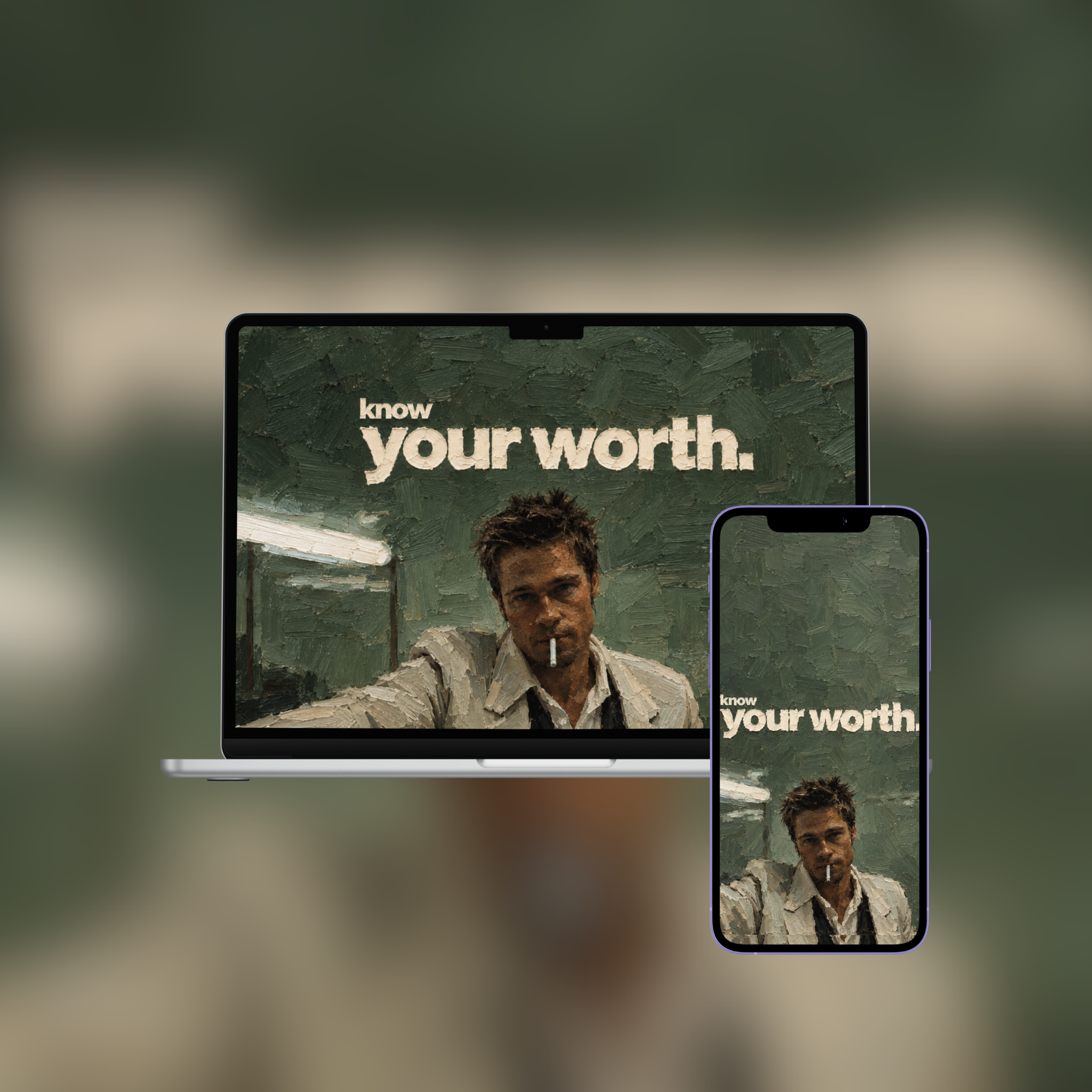 Know Your Worth impasto wallpaper shown on an iPhone and laptop