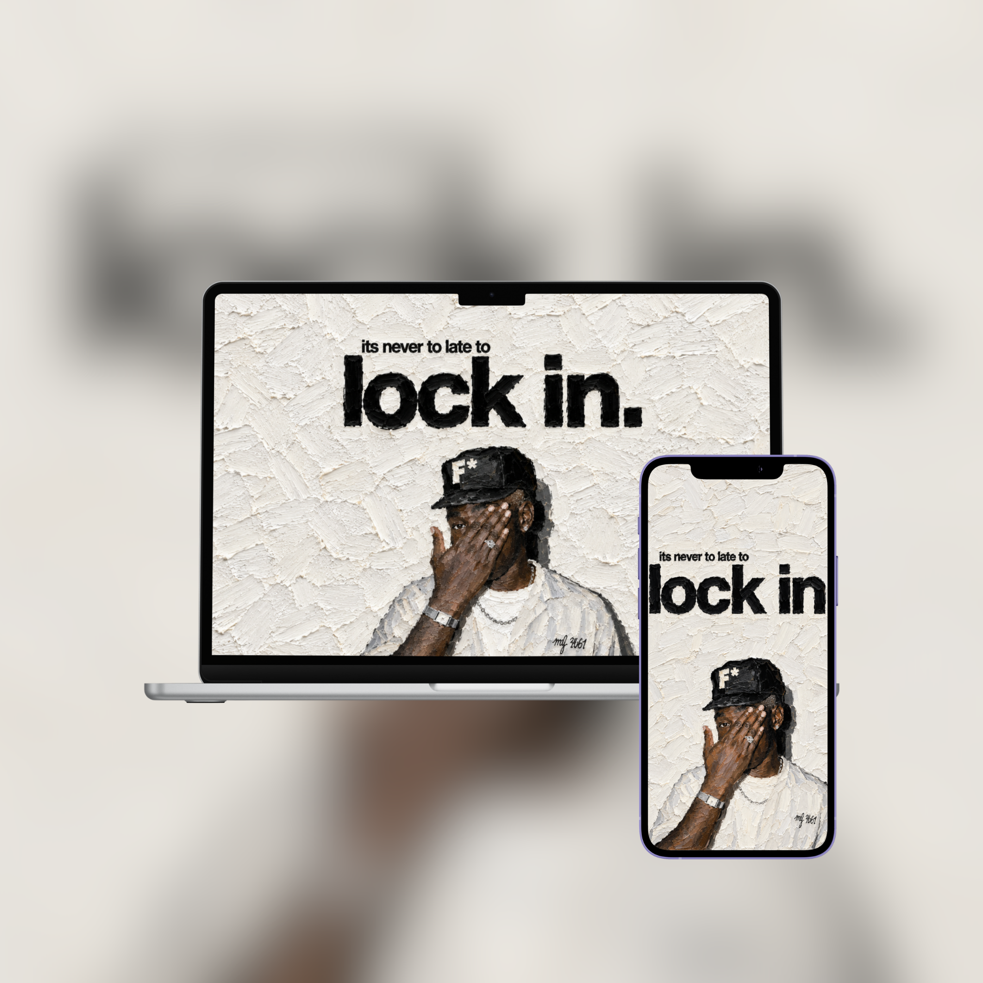 Never Too Late to Lock In impasto wallpaper shown on an iPhone and laptop