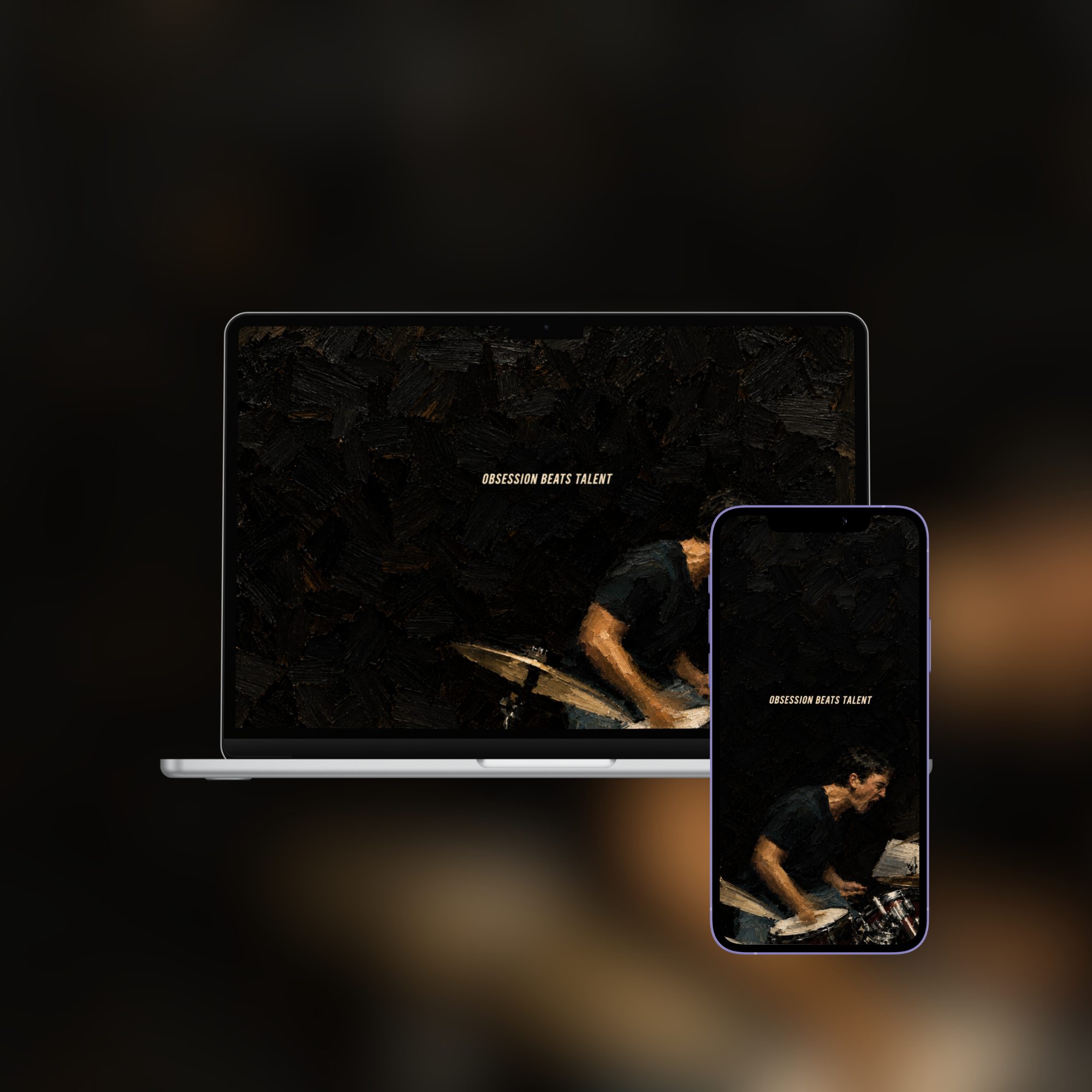 Obsession Beats Talent impasto wallpaper shown on an iPhone and laptop