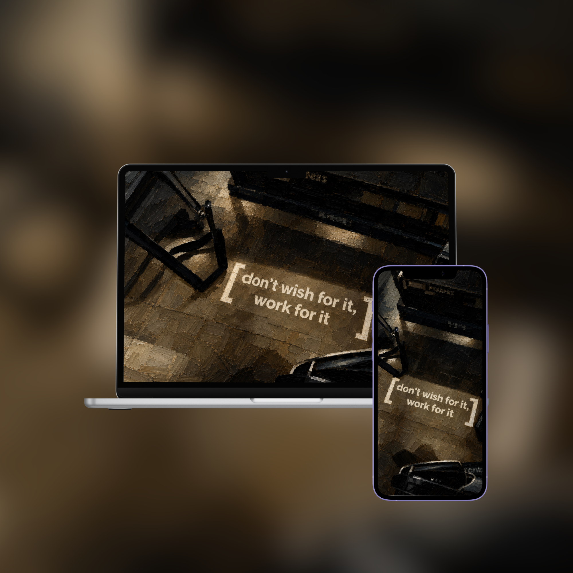 Work For It impasto wallpaper shown on an iPhone and laptop