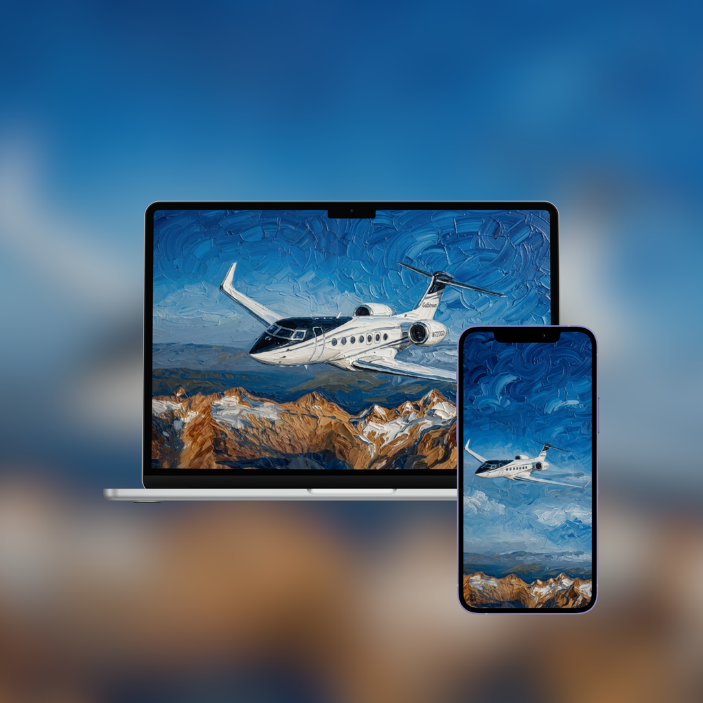 Private Jet Over Mountains — Impasto Wallpaper (iPhone + Desktop)