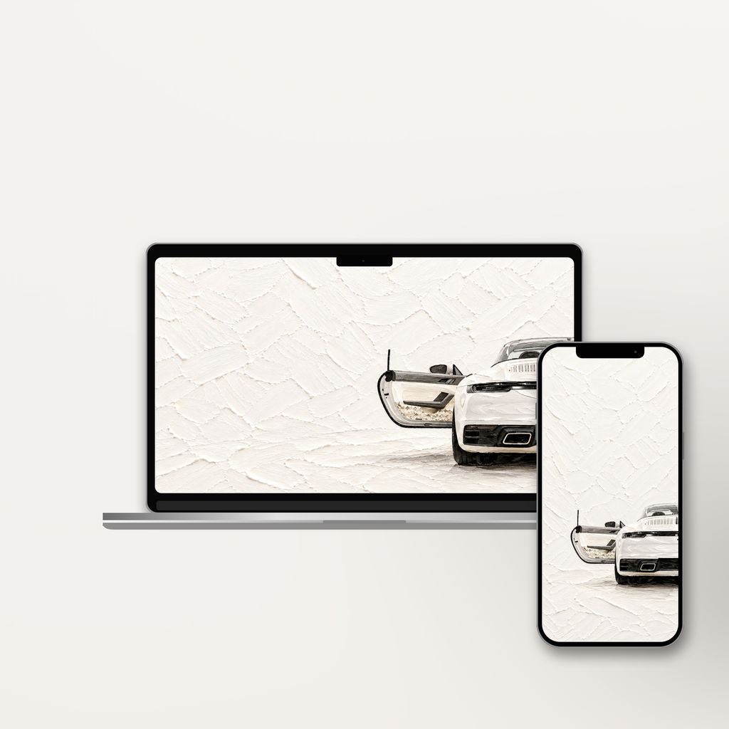 White Arrival impasto wallpaper shown on an iPhone and laptop