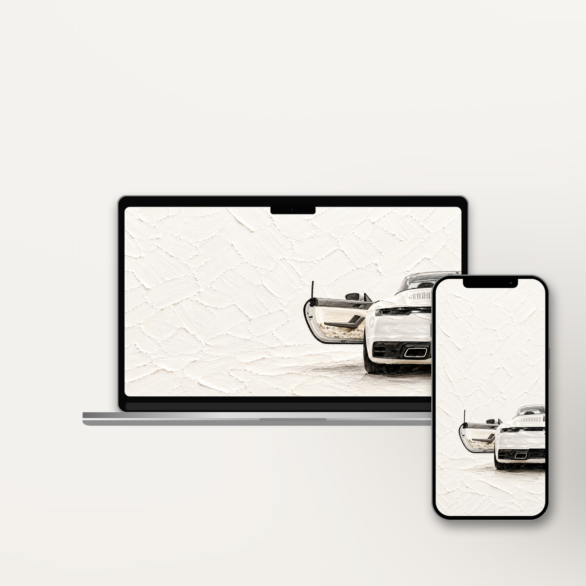 White Arrival impasto wallpaper shown on an iPhone and laptop